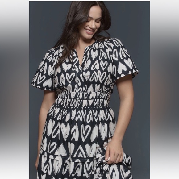 Anthropologie The Somerset Maxi Dress Smocked Heart Edition Poplin Black White - Picture 4 of 7